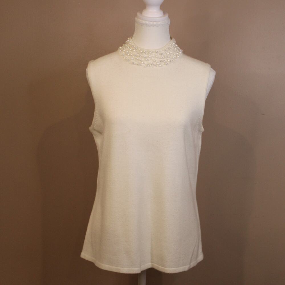 Mercer Street Studio Winter White Sleeveless Pearl Collar Sweater sz L - Picture 2 of 6